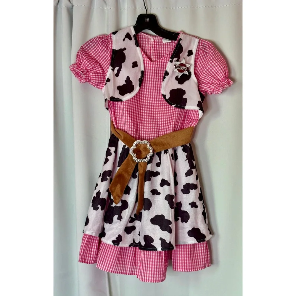Girls Pink Cowgirl Western Sheriff Costume Gingham Cute Dress Cow Vest Hat Large